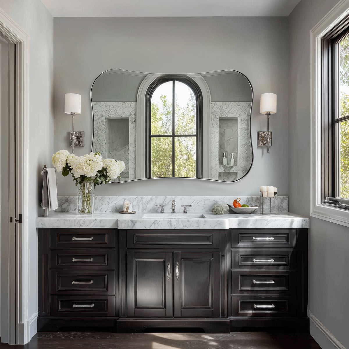 Contemporary Dual  Concave Edge Rouded Scalloped Rectangle Wall Mirror | Stainless Steel Frame