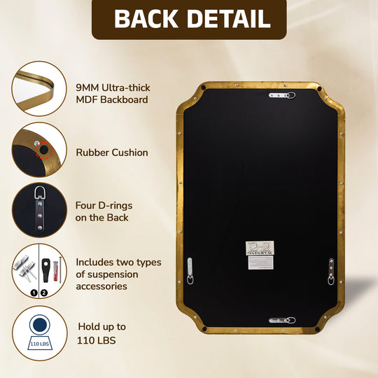 Contemporary Notched Corner Rectangle Scalloped Mirror for Wall /Bathroom | Stainless Steel Frame