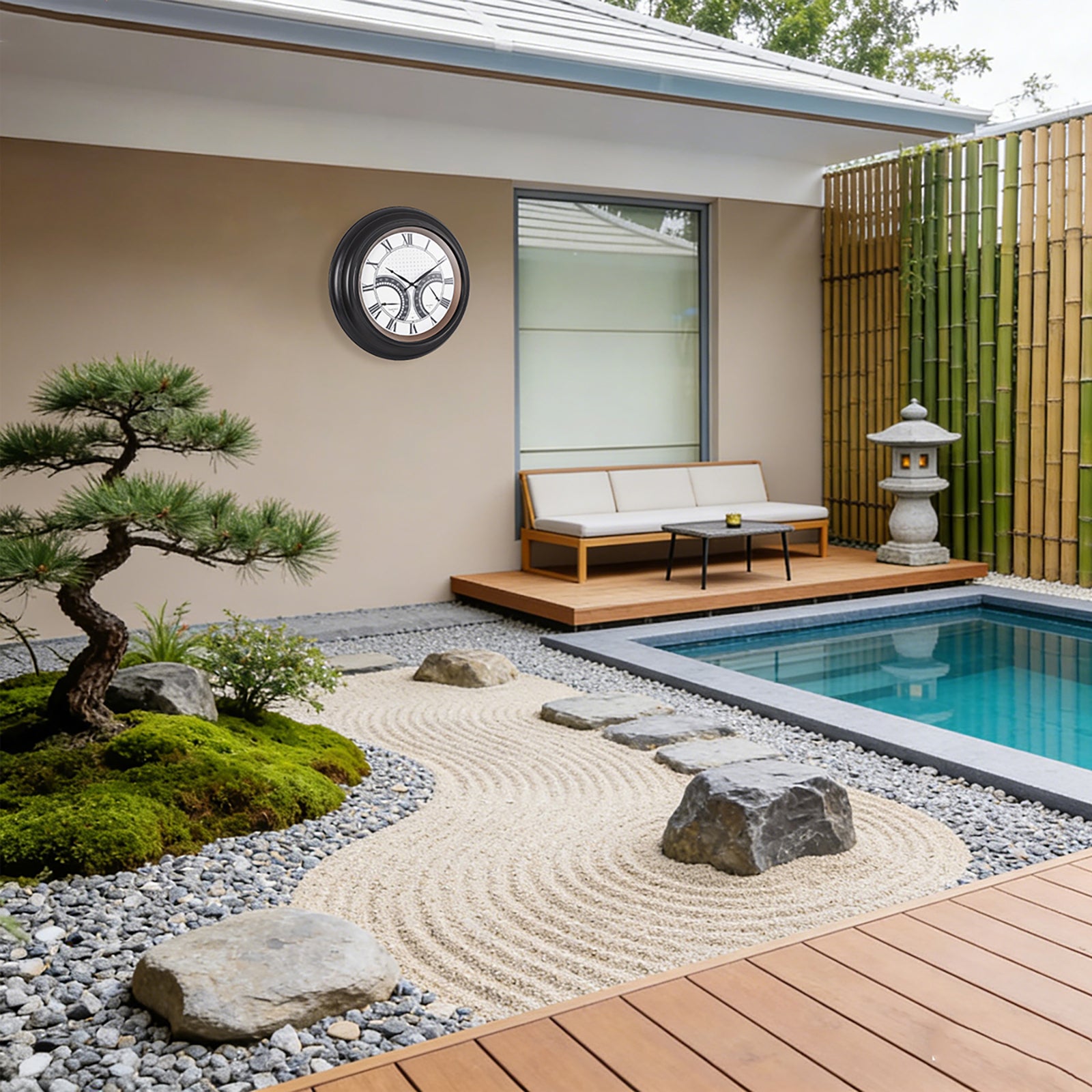 24 Inch Outdoor Wall Clock Large Waterproof Illuminated Clock with Thermometer,Square Grid Dial
