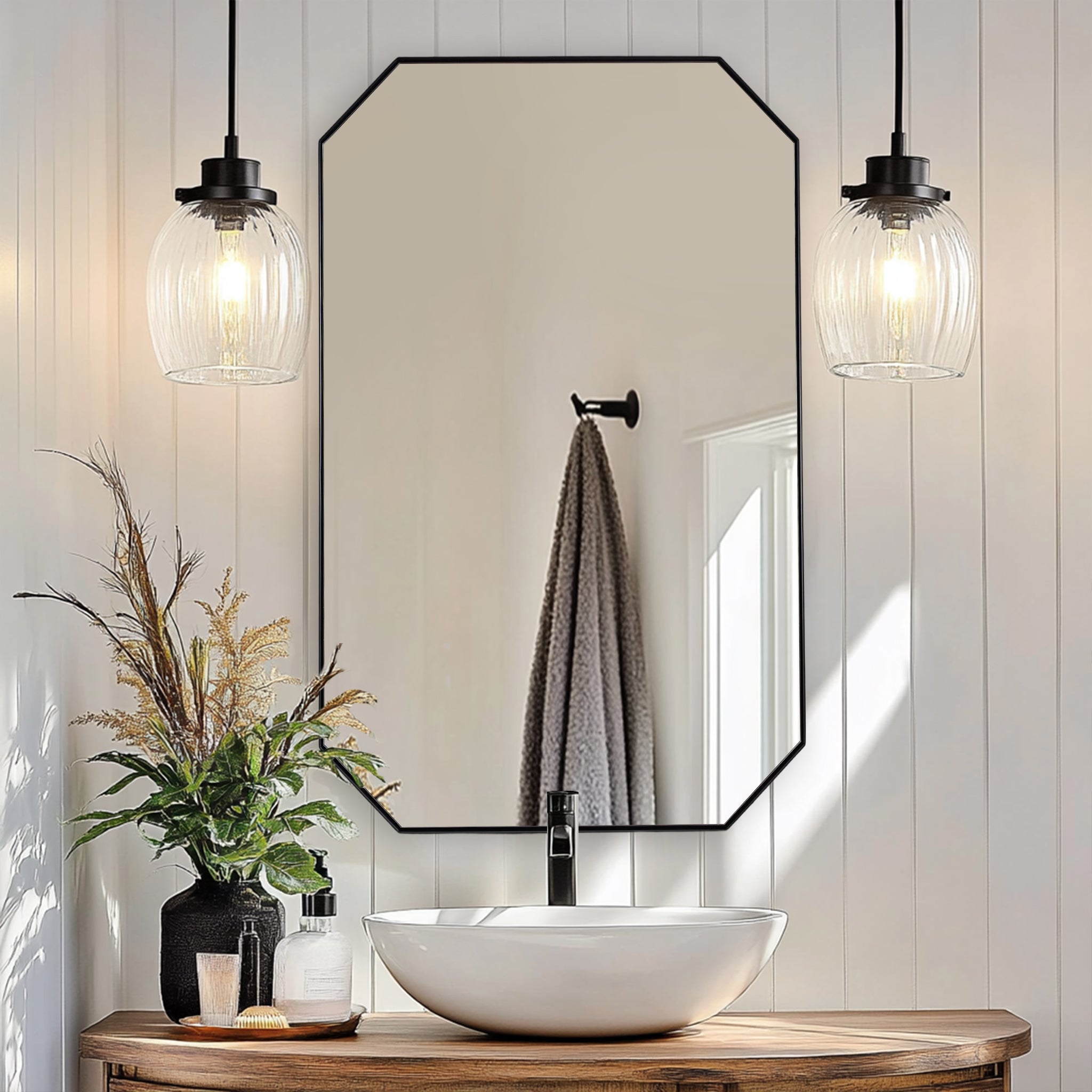 Contemporary Cut Corner Octagonal Scalloped Rectangle Mirror for Bathroom  |Stainless Steel Frame