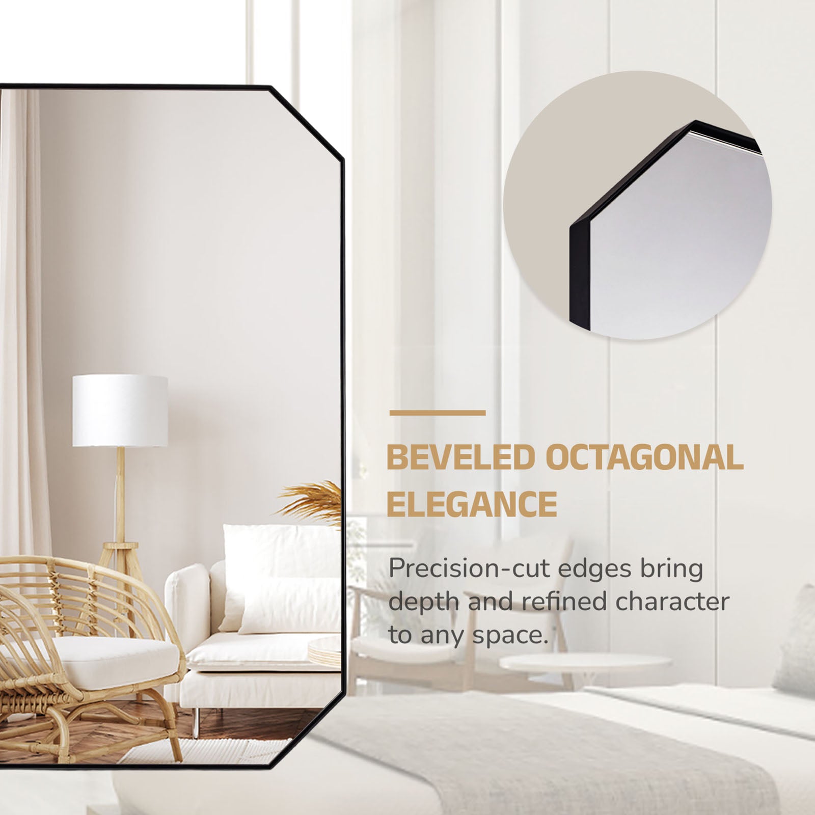 Contemporary Cut Corner Octagonal Scalloped Rectangle Mirror for Bathroom  |Stainless Steel Frame