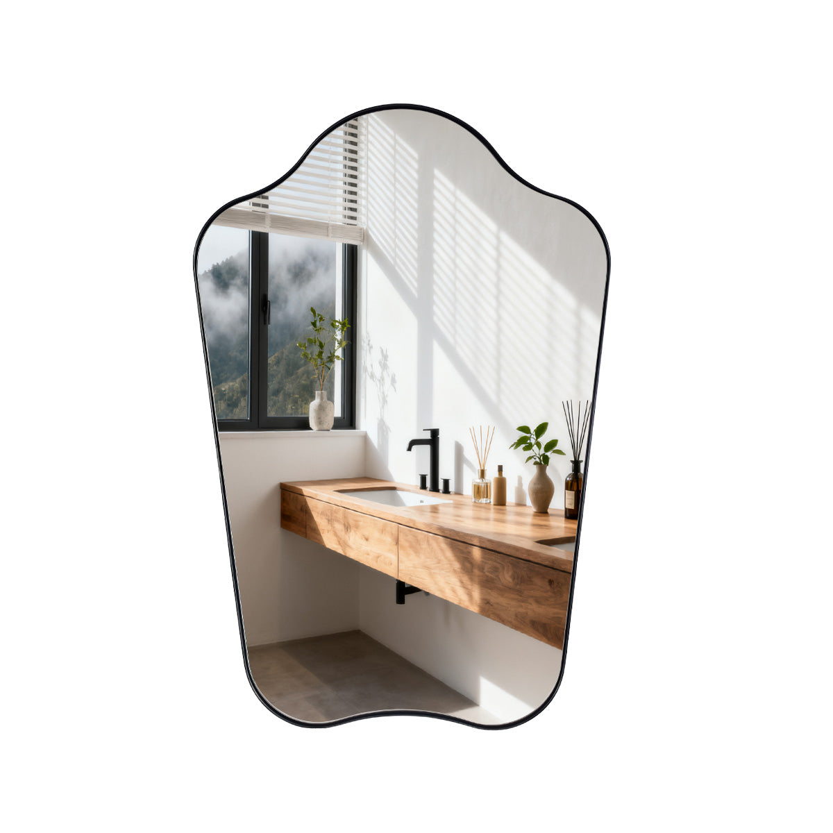 Contemporary Dual Arch Wall Mirror Irregular Scalloped Bathroom Mirror | Stainless Steel Frame