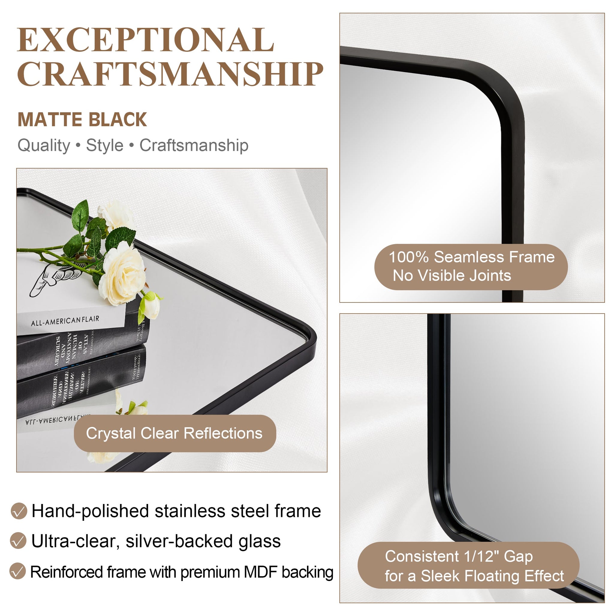 Contemporary Rounded Rectangular Bathroom Wall Mirror |Thicker Stainless Steel Framed
