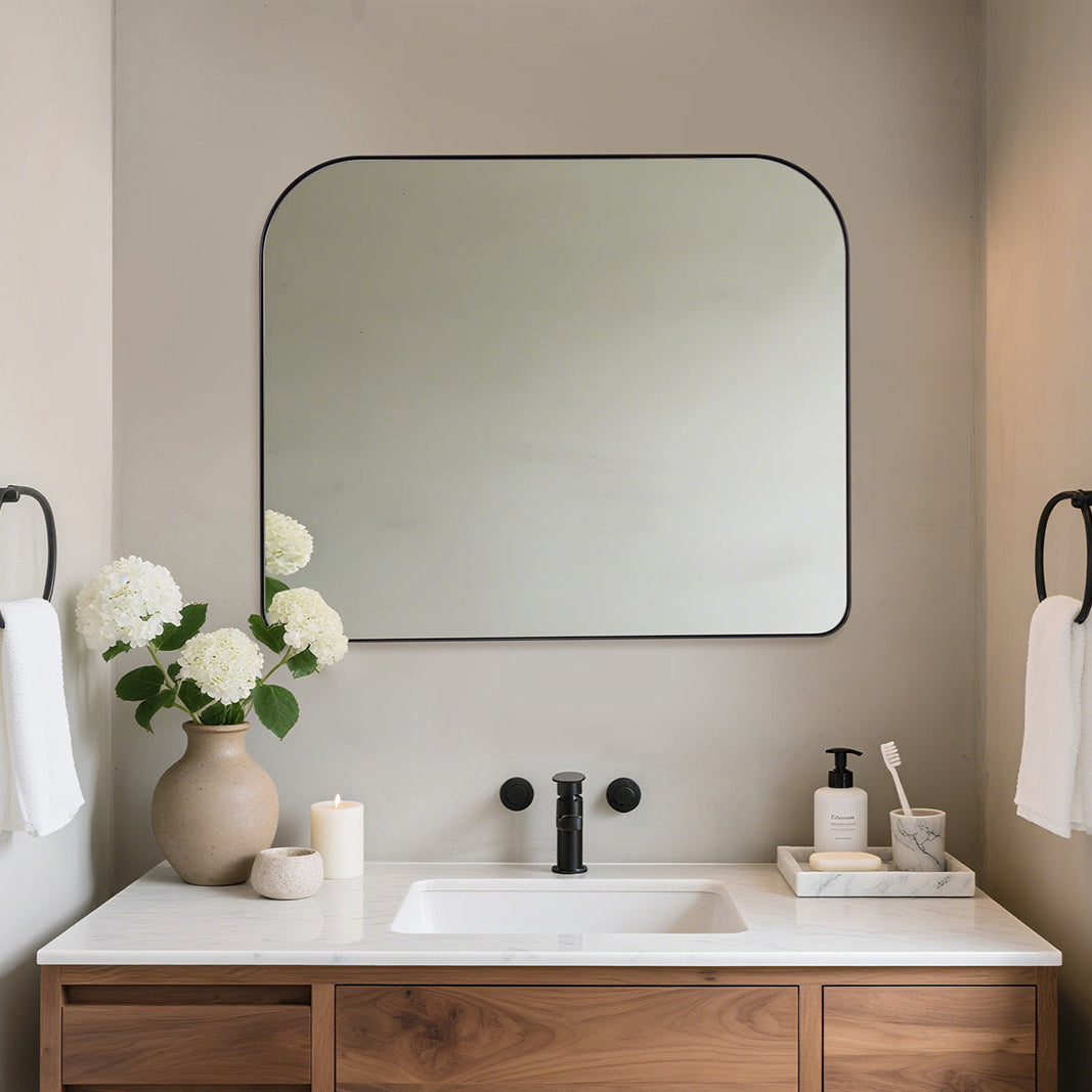 Modern Mantel Wide Arch Rectangle Bathroom Vanity  Mirror | Stainless Steel Frame