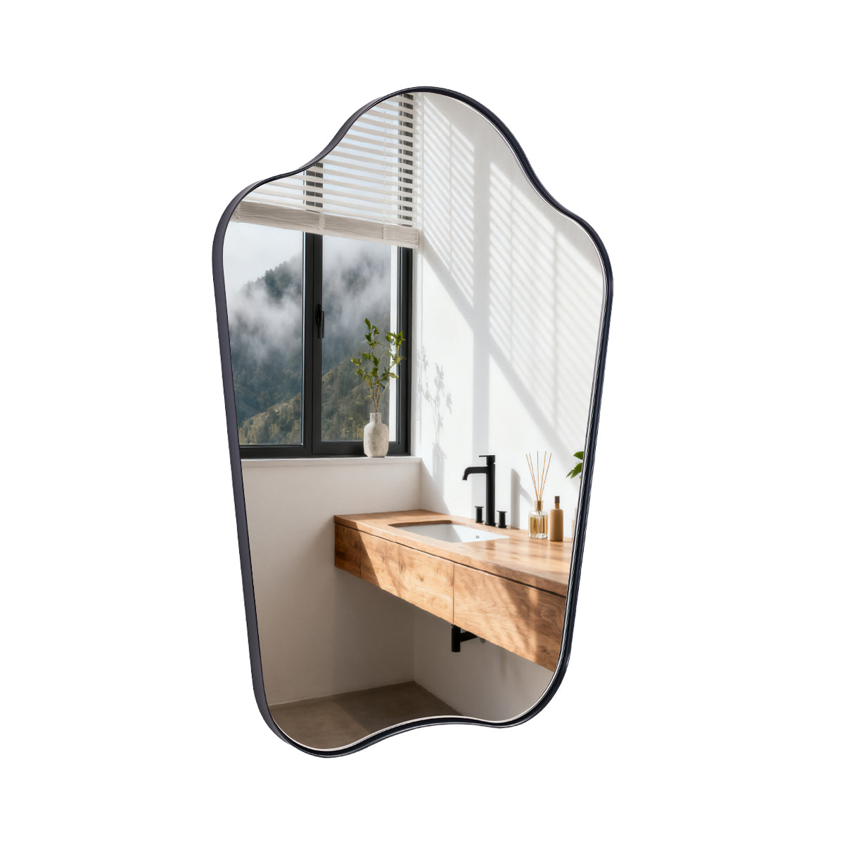 Contemporary Dual Arch Wall Mirror Irregular Scalloped Bathroom Mirror | Stainless Steel Frame