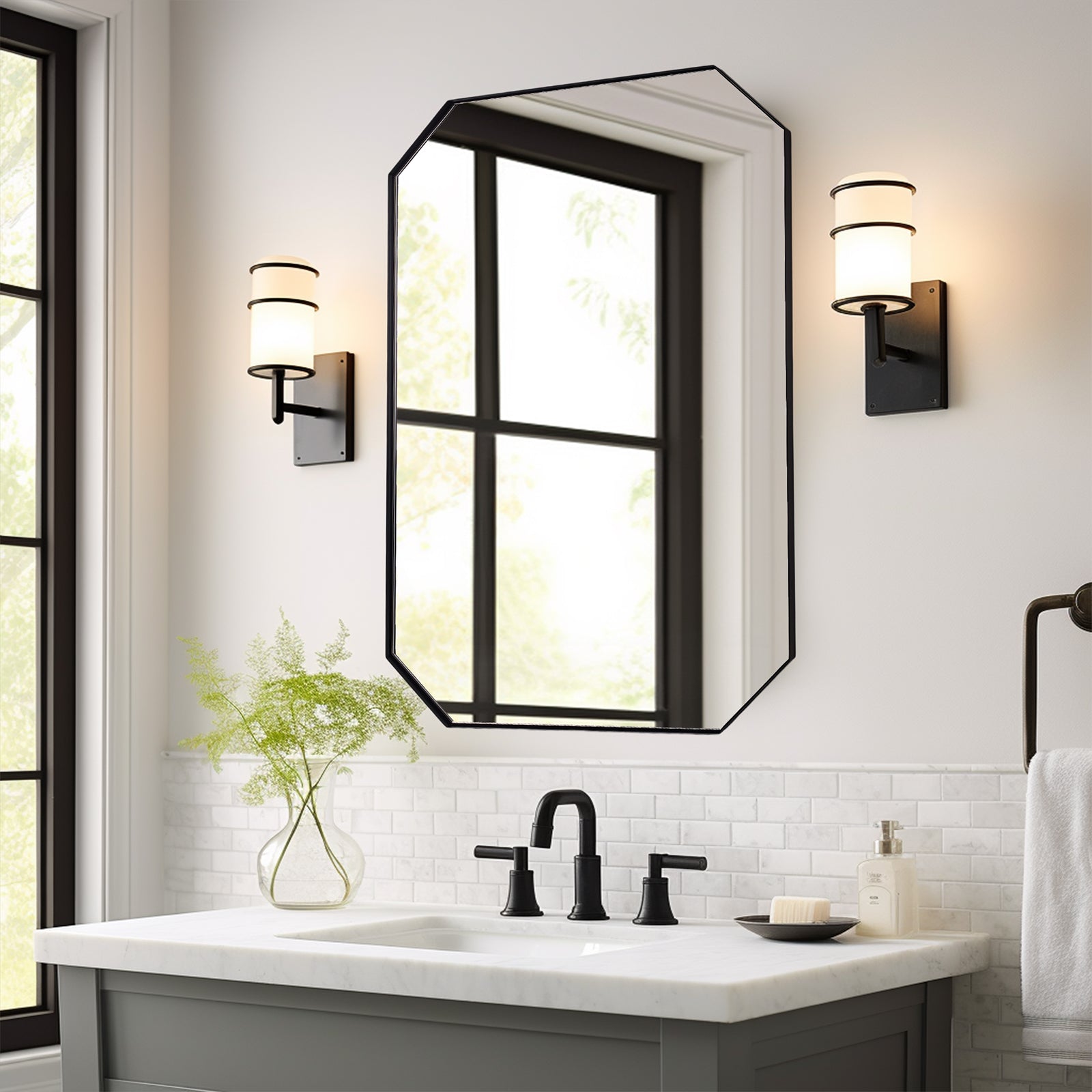 Contemporary Cut Corner Octagonal Scalloped Rectangle Mirror for Bathroom  |Stainless Steel Frame