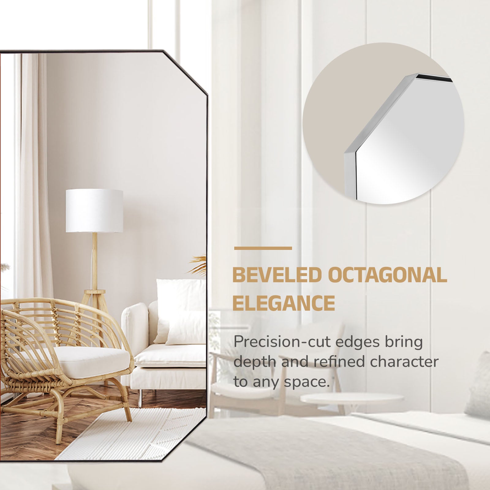 Contemporary Cut Corner Octagonal Scalloped Rectangle Mirror for Bathroom  |Stainless Steel Frame