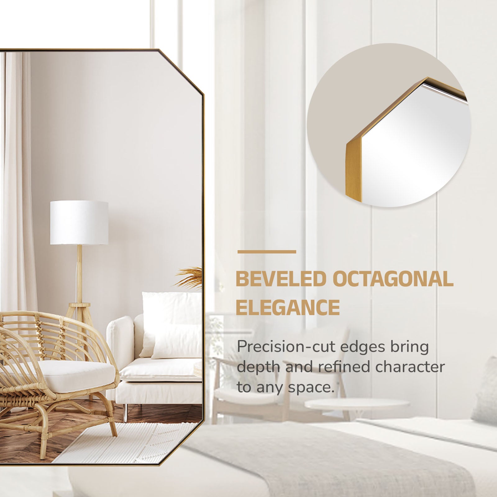 Contemporary Cut Corner Octagonal Scalloped Rectangle Mirror for Bathroom  |Stainless Steel Frame