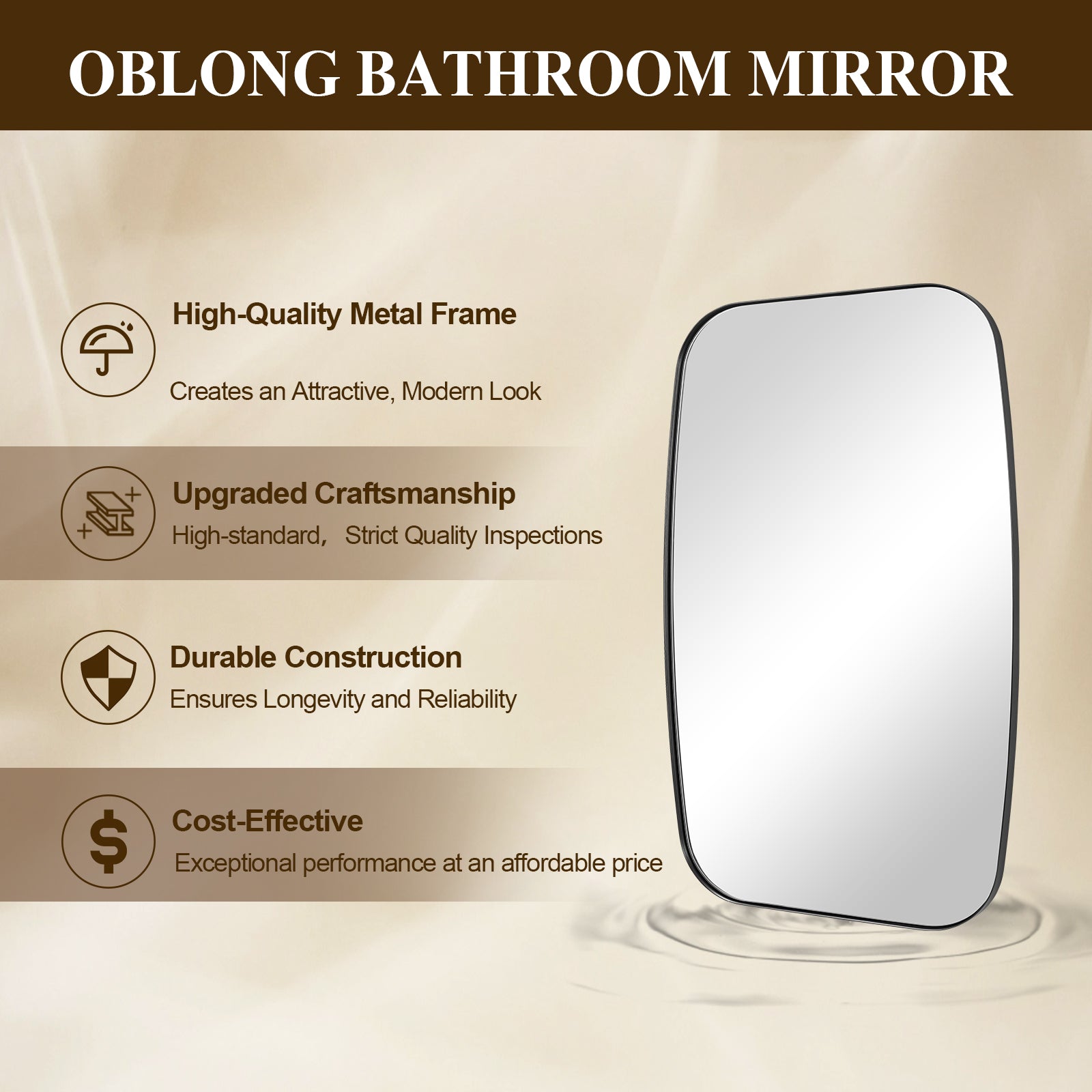Modern Oblong Bathroom Mirror Long Oval Mirror | Stainless Steel Frame