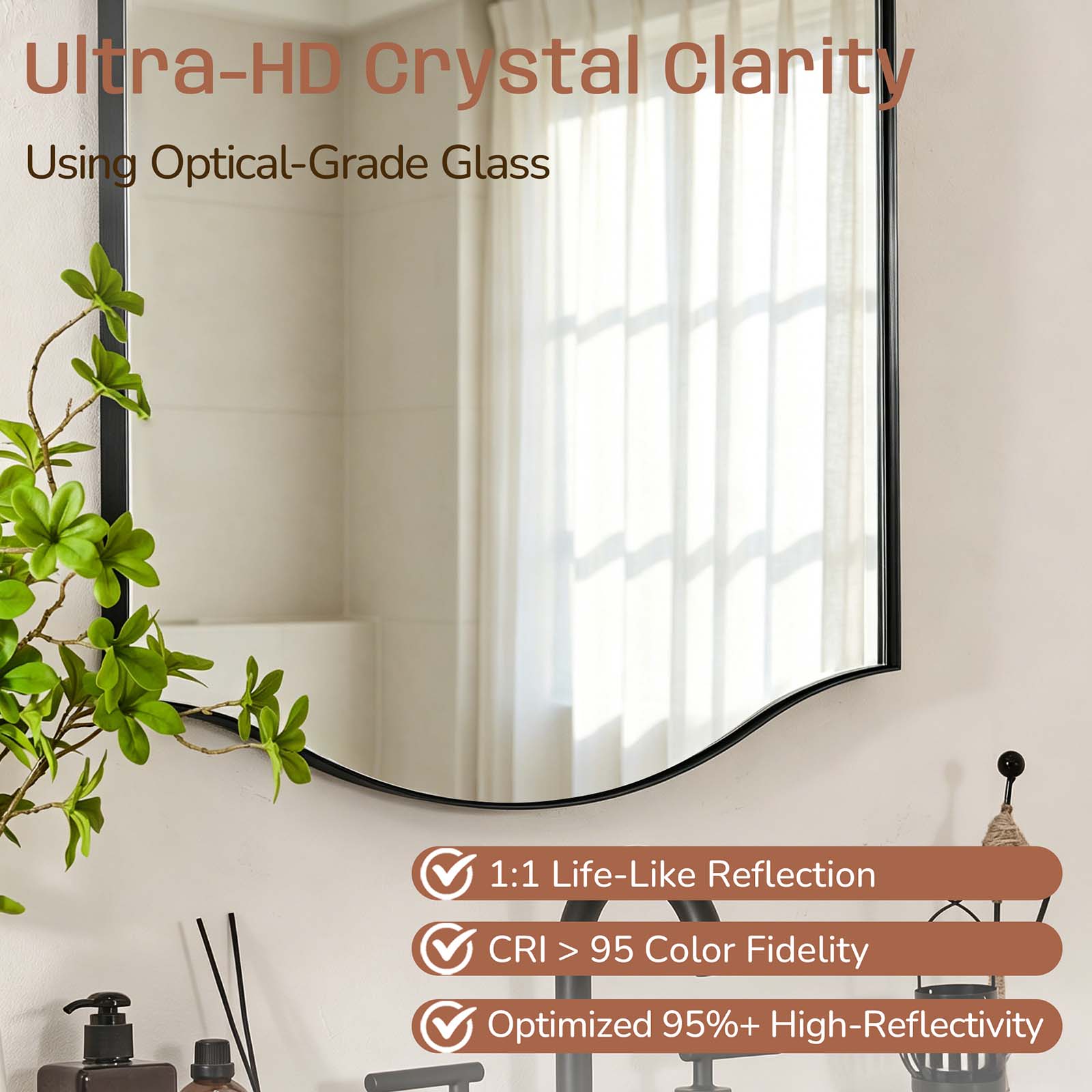 Dual Curve Arch Rectangular Scalloped  Bathroom Wall Mirror |Stainless Steel Framed