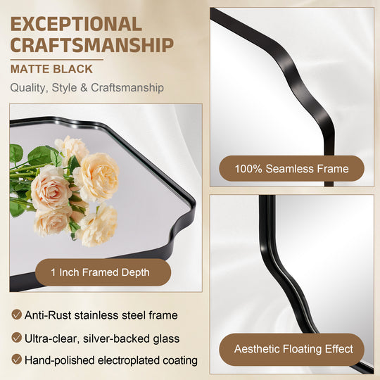 Contemporary Notched Corner Rectangle Scalloped Mirror for Wall /Bathroom | Stainless Steel Frame