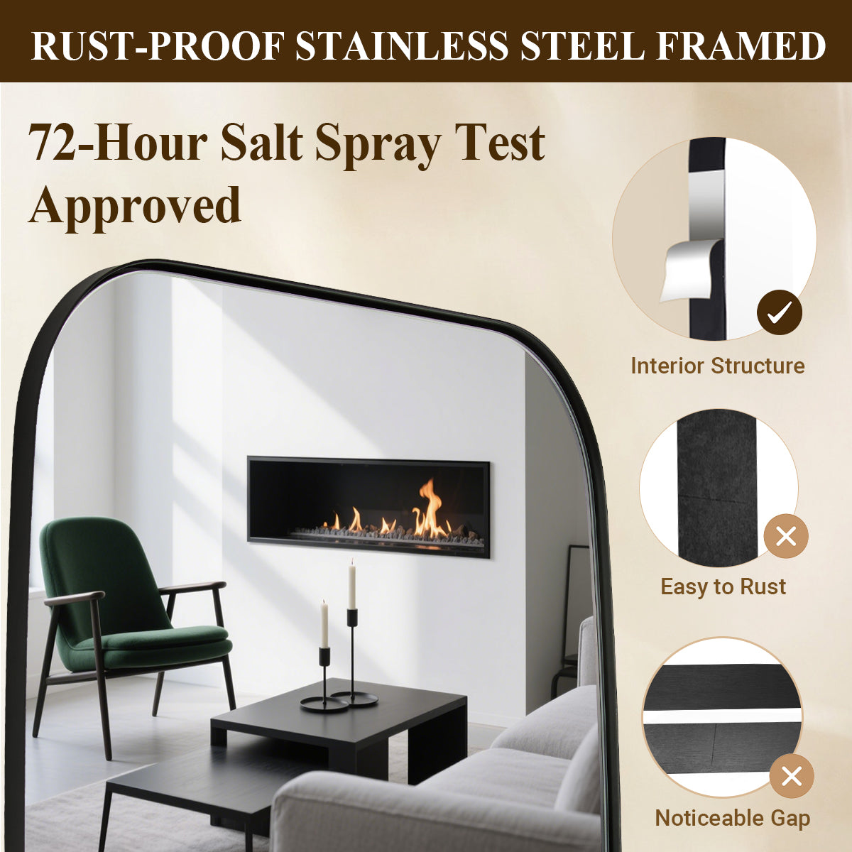 Modern Oblong Bathroom Mirror Long Oval Mirror | Stainless Steel Frame