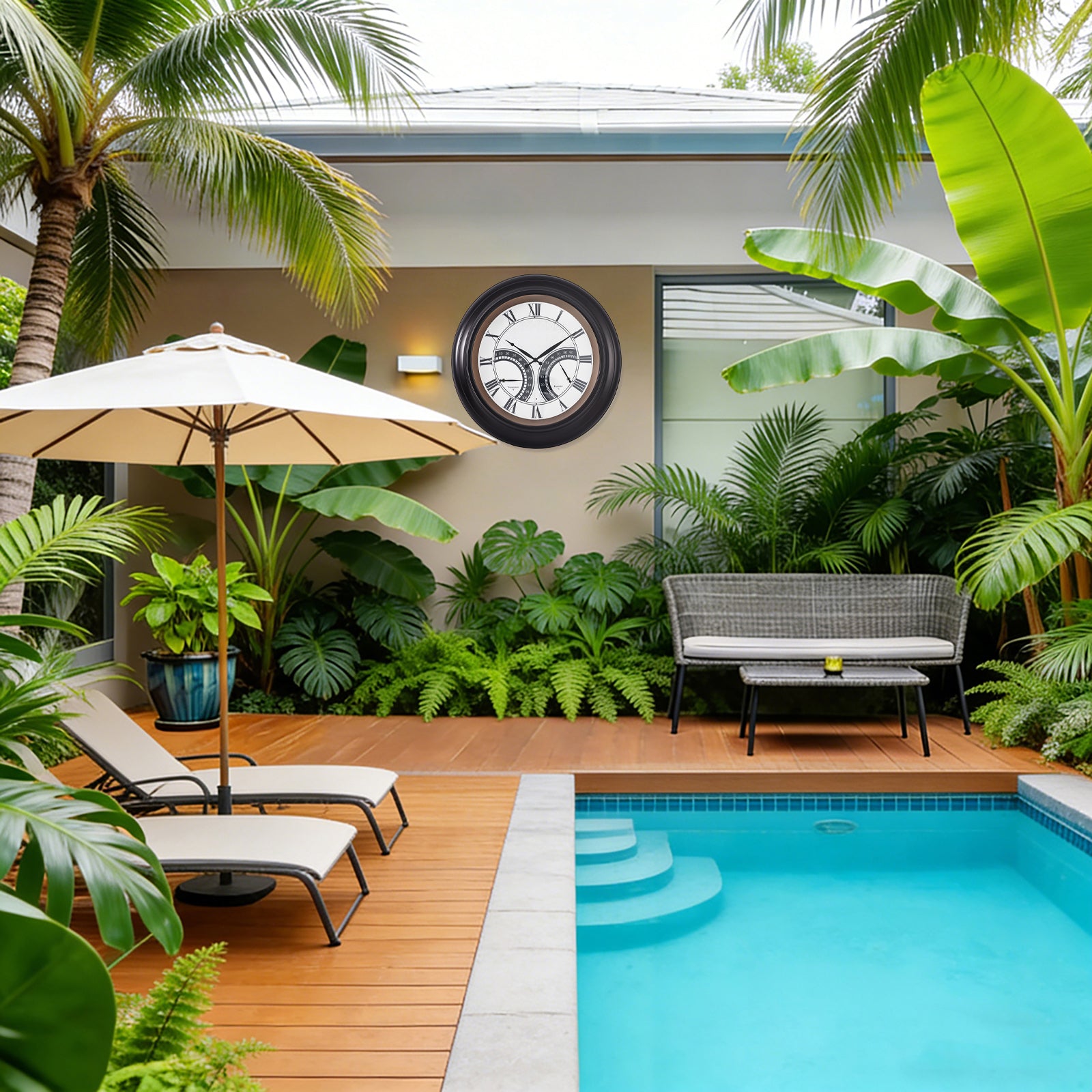 24 Inch Outdoor Wall Clock Large Waterproof Illuminated Clock with Thermometer,Geometric Dial