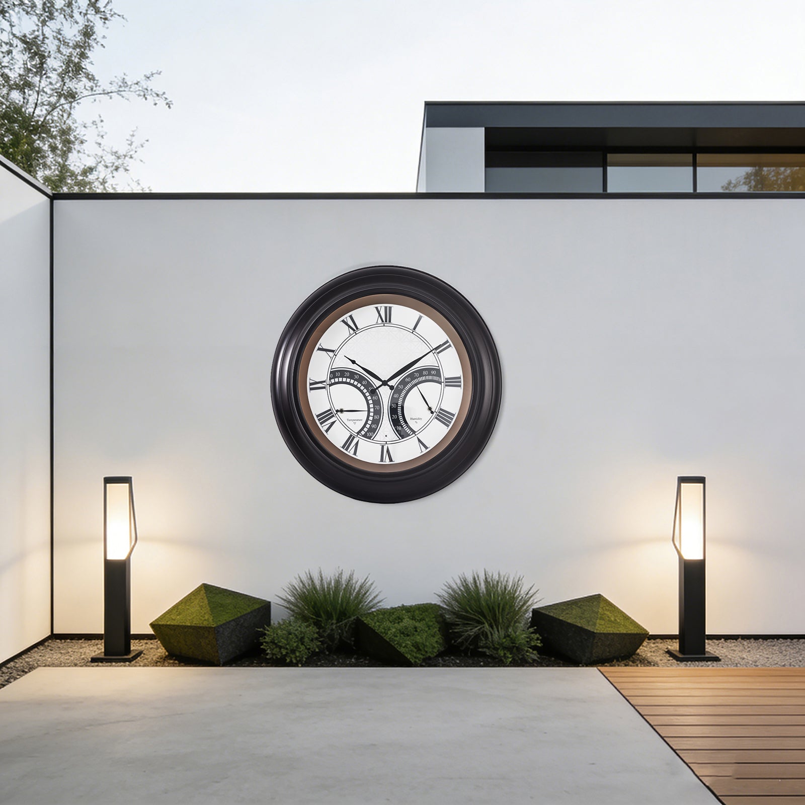 24 Inch Outdoor Wall Clock Large Waterproof Illuminated Clock with Thermometer,Geometric Dial