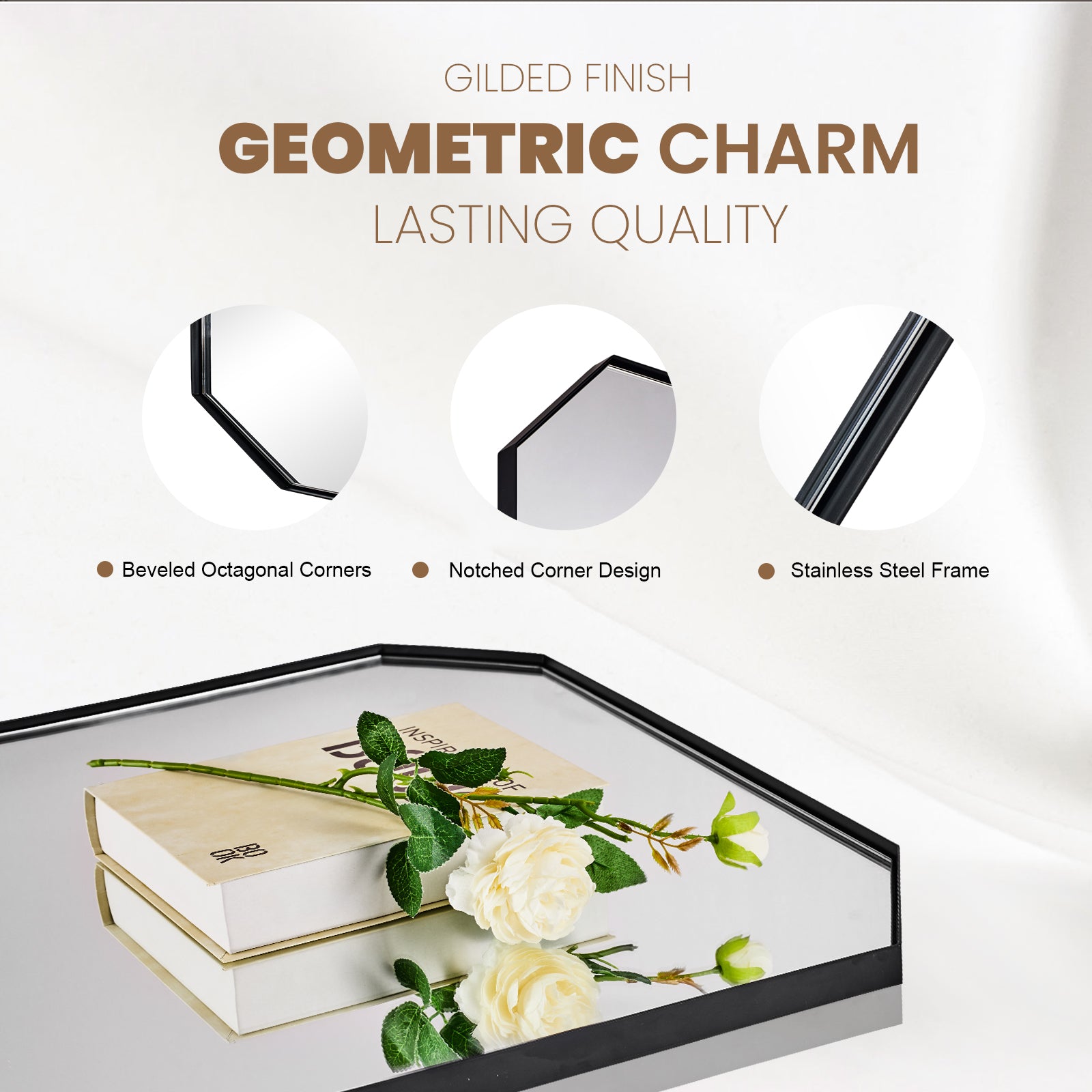 Contemporary Cut Corner Octagonal Scalloped Rectangle Mirror for Bathroom  |Stainless Steel Frame