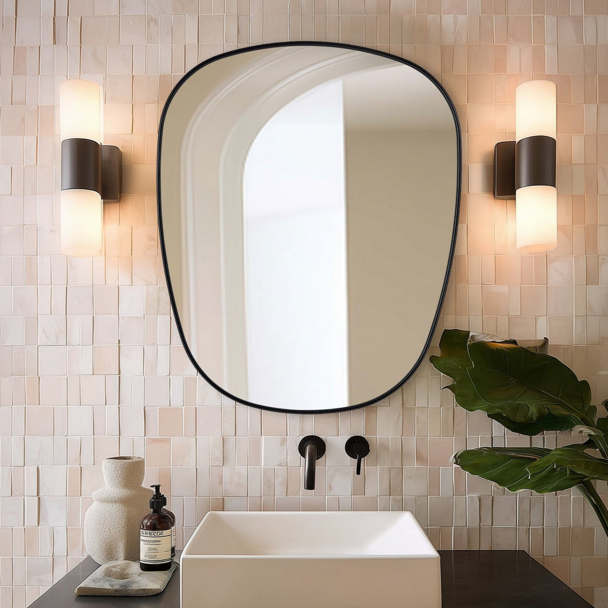 Contemporary Irregular Pebble Organic  Bathroom Wall Mirror Asymmetric Decorative Mirror | Stainless Steel Frame