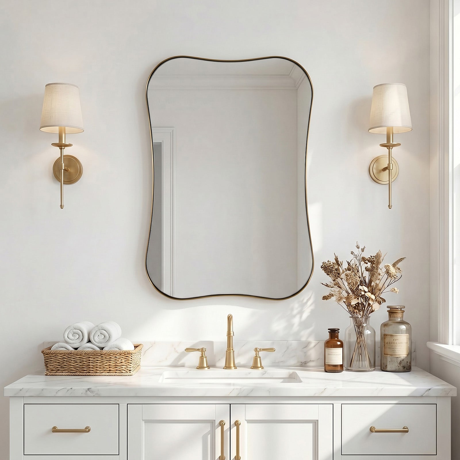 Contemporary Dual  Concave Edge Rouded Scalloped Rectangle Wall Mirror | Stainless Steel Frame