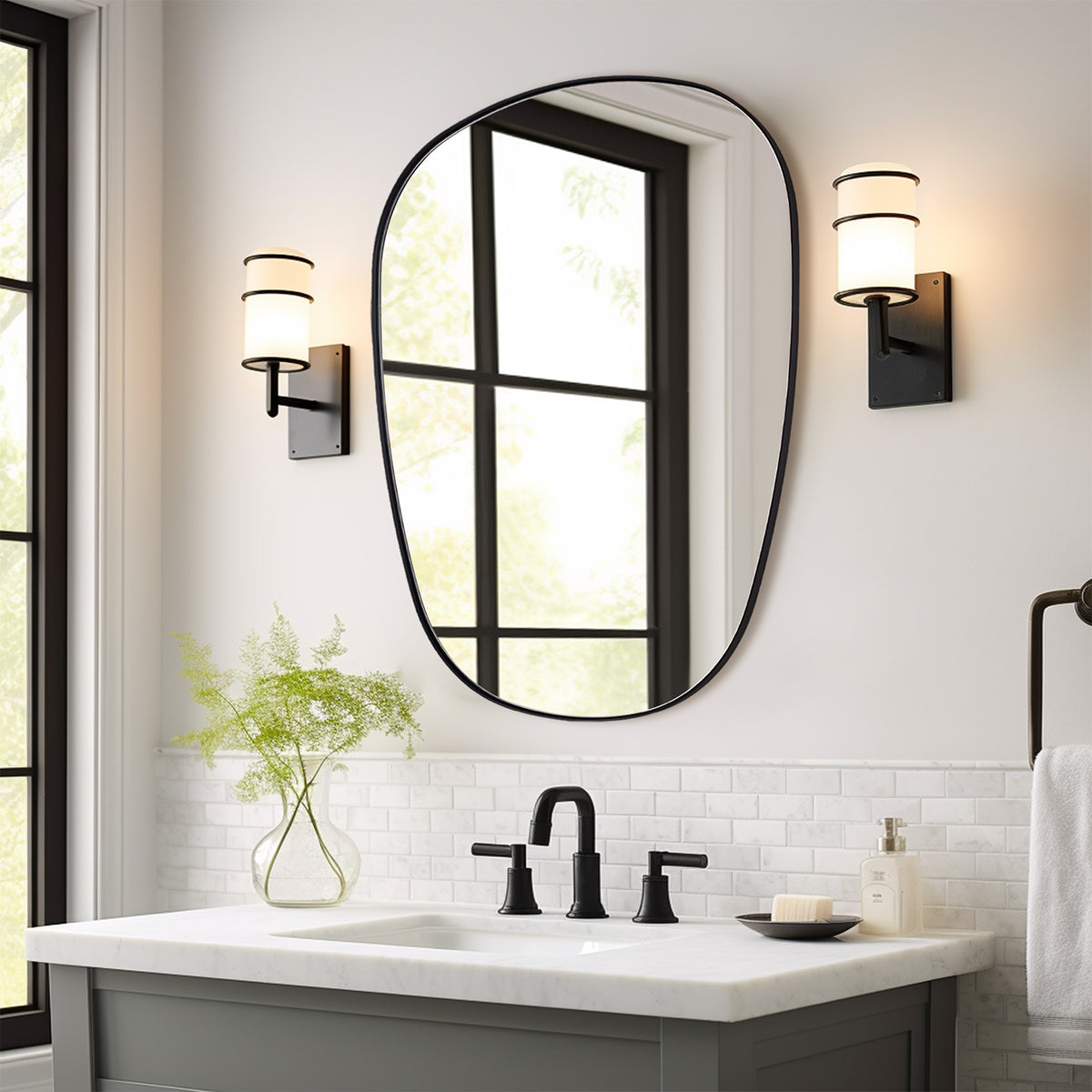 Contemporary Irregular Pebble Organic  Bathroom Wall Mirror Asymmetric Decorative Mirror | Stainless Steel Frame