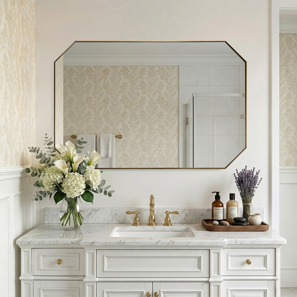Contemporary Cut Corner Octagonal Scalloped Rectangle Mirror for Bathroom  |Stainless Steel Frame