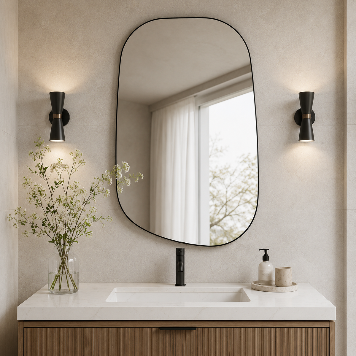 Asymmetrical Irregular Bathroom Wall Mirror | Stainless Steel Frame