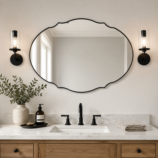 Contemporary Oval Scalloped Wall Mirror Irregular Bathroom Vanity Mirror| Stainless Steel Frame