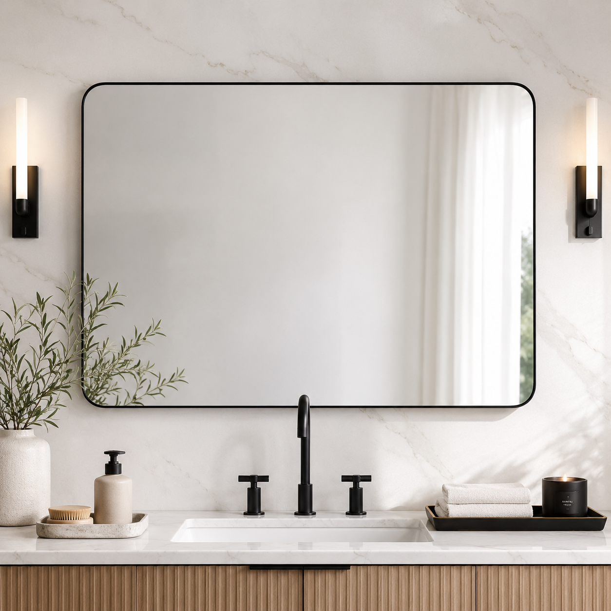 Modern Rounded Rectangle Mirror for Bathroom/ Vanity/ Wall | Stainless Steel Frame