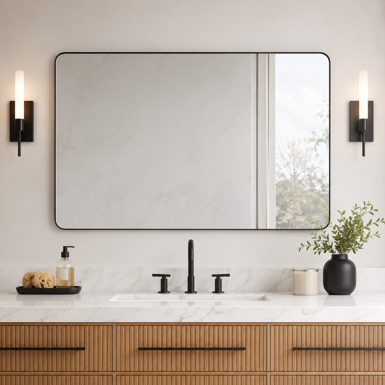 Modern Rounded Rectangle Mirror for Bathroom/ Vanity/ Wall | Stainless Steel Frame