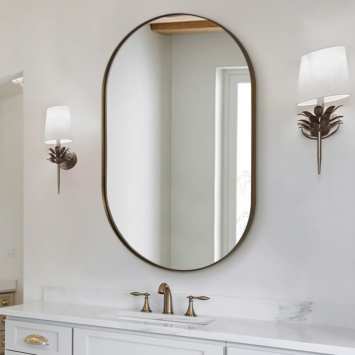 Modern Pill Shaped Capsule Wall Mirrors Long Oval Bathroom Vanity Mirror | Stainless Steel Frame