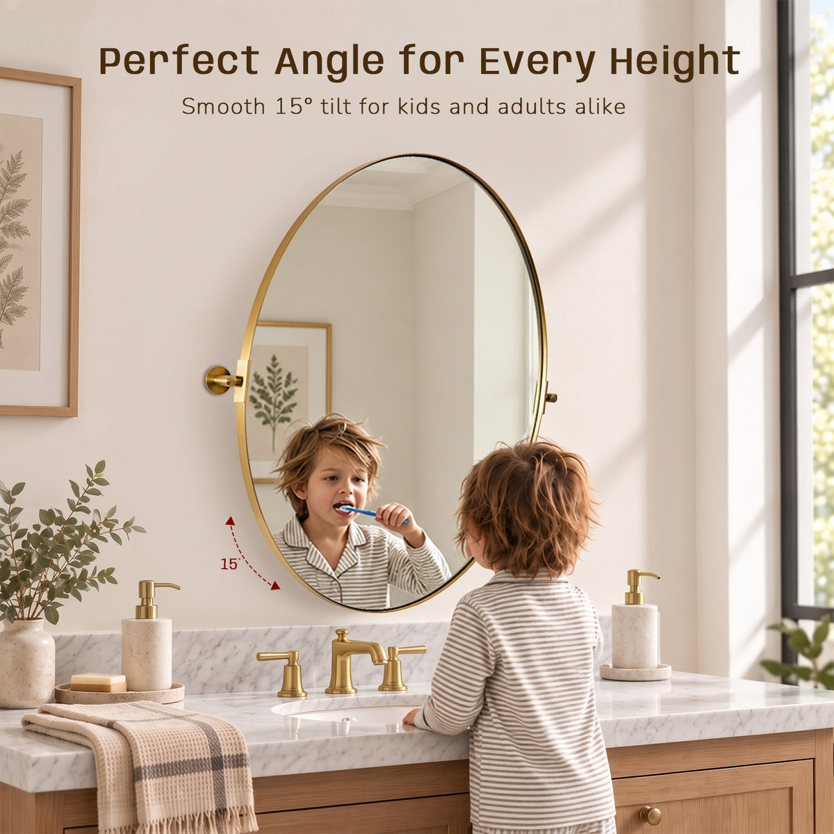 Oval Pivot Mirrors Adjustable Tilting Angle Floating  Bathroom Mirror| Stainless Steel Framed
