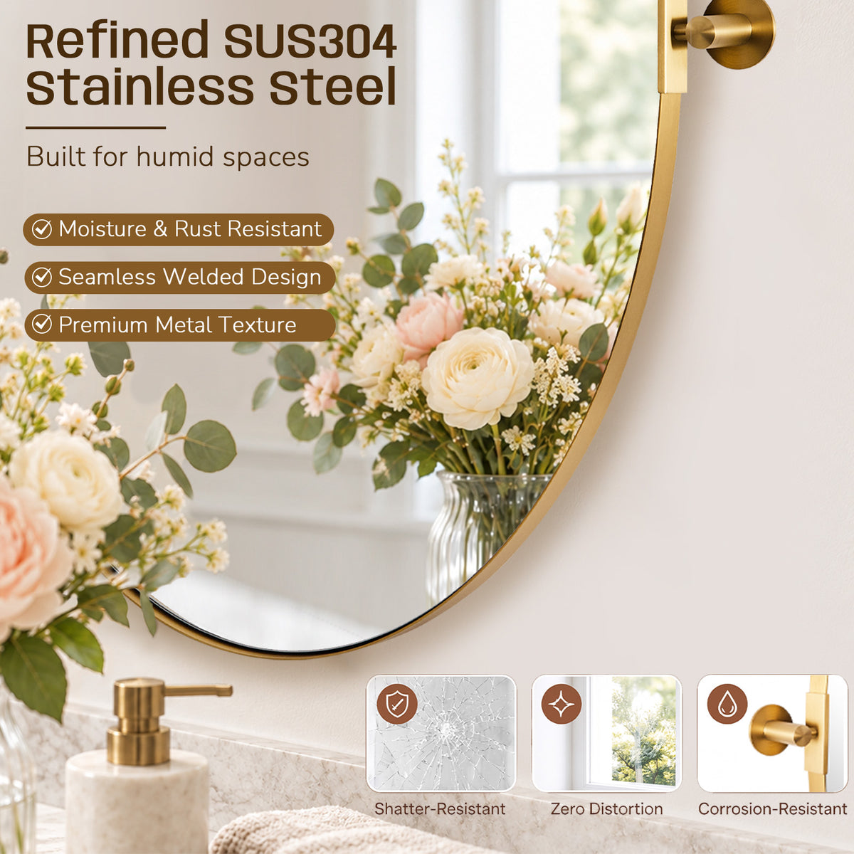 Oval Pivot Mirrors Adjustable Tilting Angle Floating  Bathroom Mirror| Stainless Steel Framed
