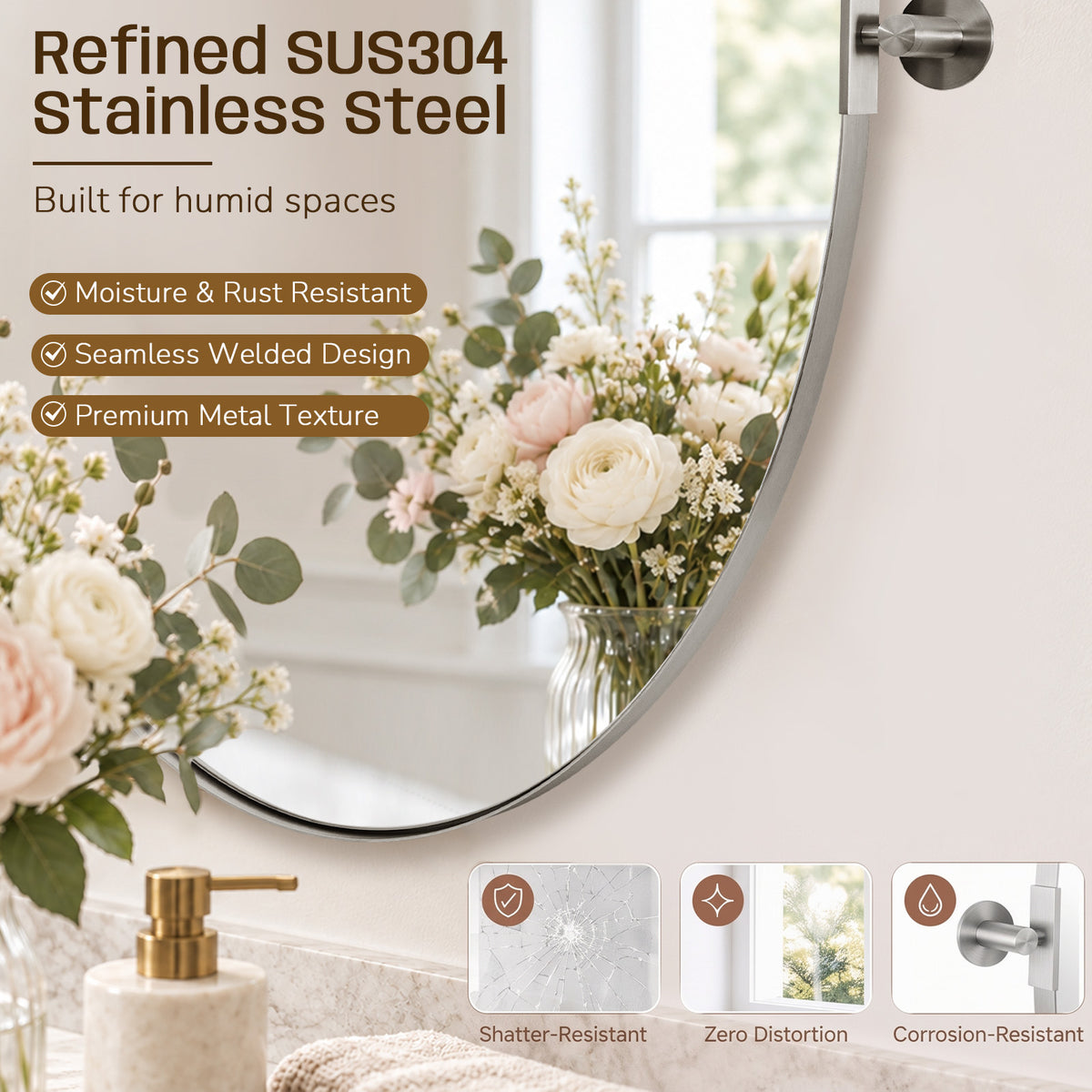 Oval Pivot Mirrors Adjustable Tilting Angle Floating  Bathroom Mirror| Stainless Steel Framed