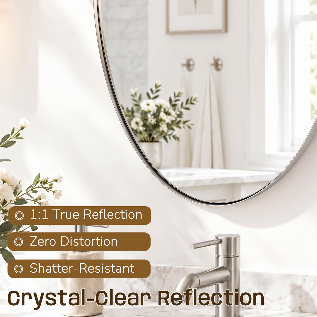 Oval Pivot Mirrors Adjustable Tilting Angle Floating  Bathroom Mirror| Stainless Steel Framed