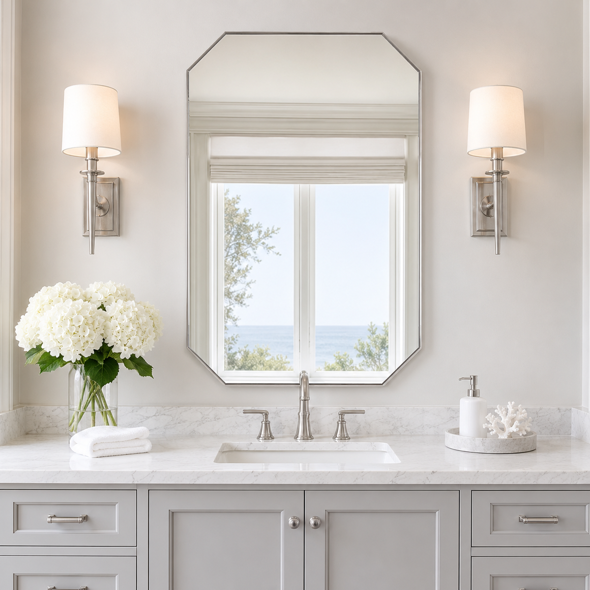 Modern Cut Corner Rectangle Mirror for Bathroom Vanity  |Stainless Steel Frame