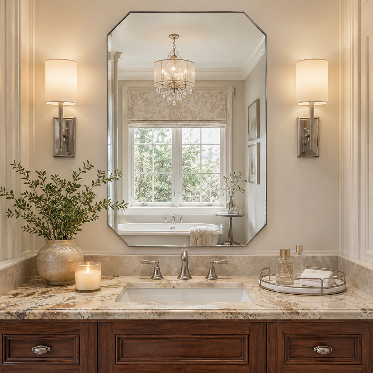 Modern Cut Corner Rectangle Mirror for Bathroom Vanity  |Stainless Steel Frame