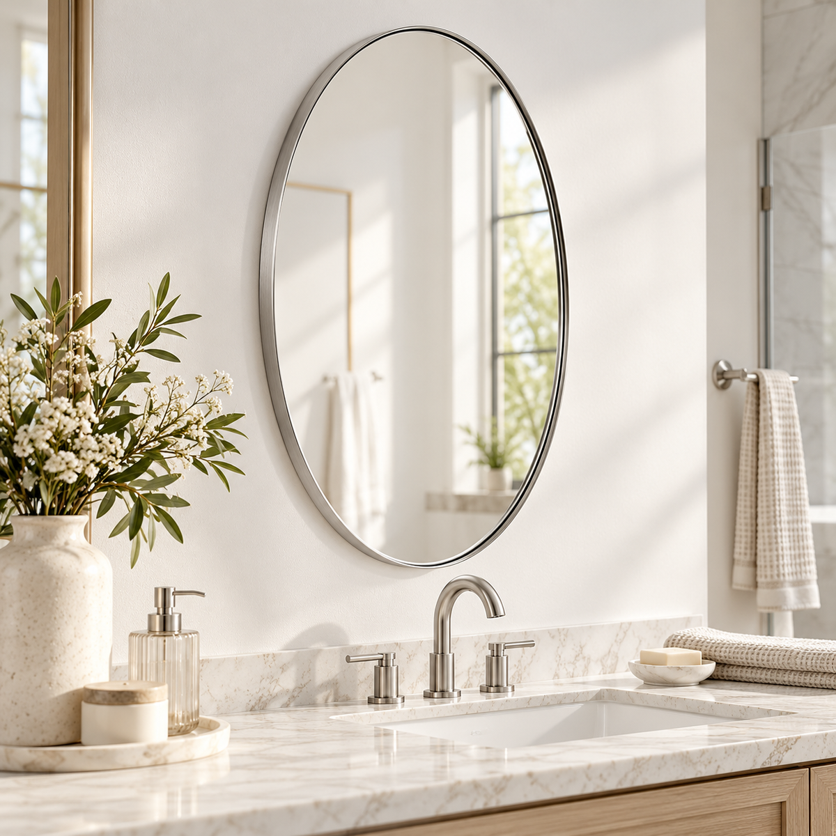 Modern Oval Bathroom Wall Mirrors |Stainless Steel Framed