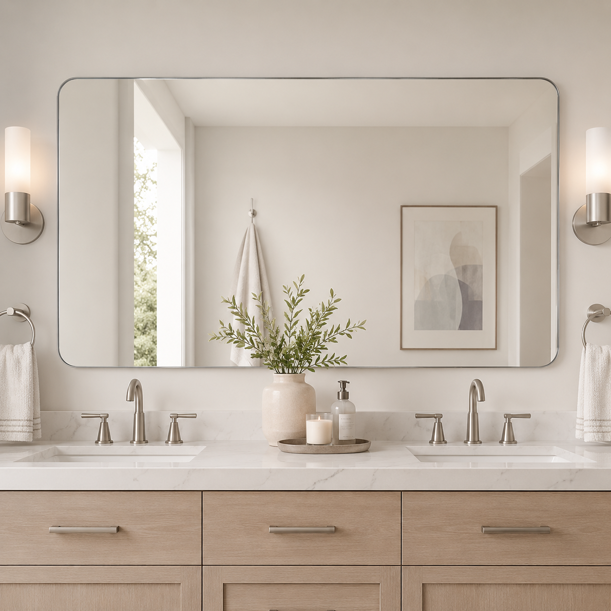 Modern Rounded Rectangle Mirror for Bathroom/ Vanity/ Wall | Stainless Steel Frame
