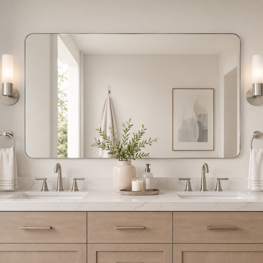 Modern Rounded Rectangle Mirror for Bathroom/ Vanity/ Wall | Stainless Steel Frame