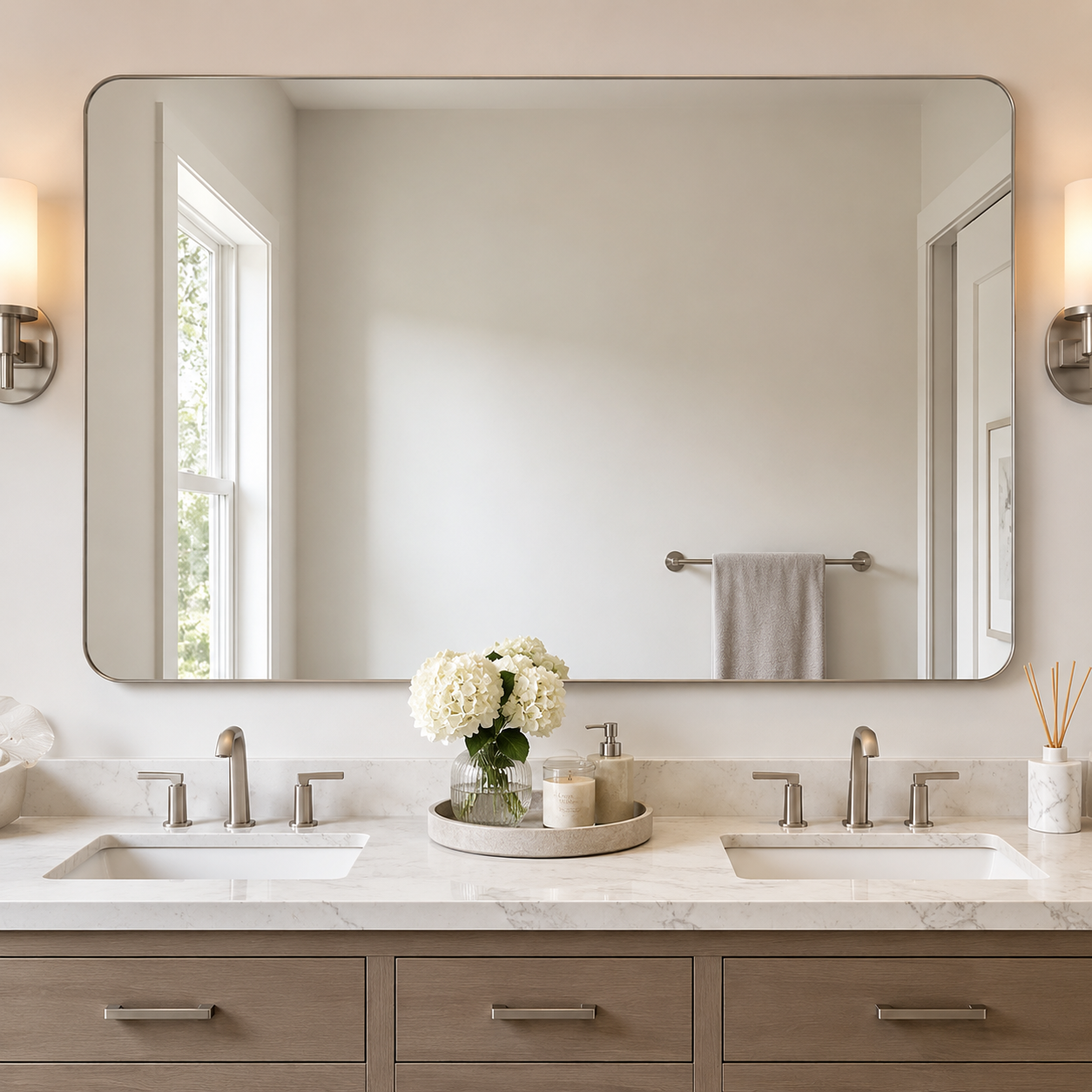 Modern Rounded Rectangle Mirror for Bathroom/ Vanity/ Wall | Stainless Steel Frame