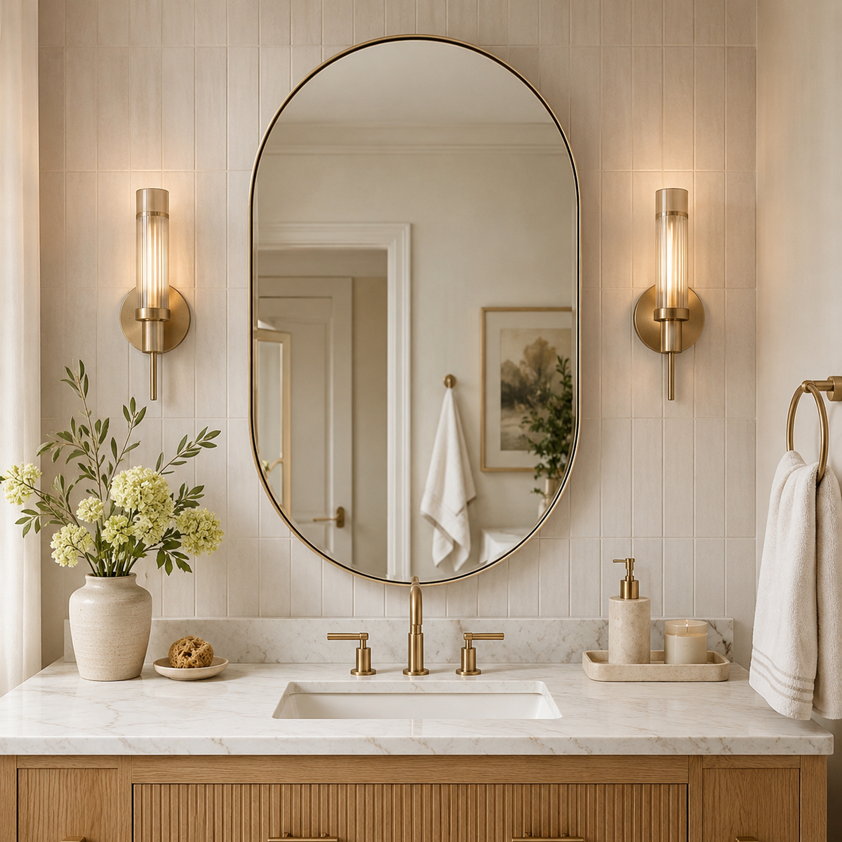 Modern Pill Shaped Capsule Wall Mirrors Long Oval Bathroom Vanity Mirror | Stainless Steel Frame