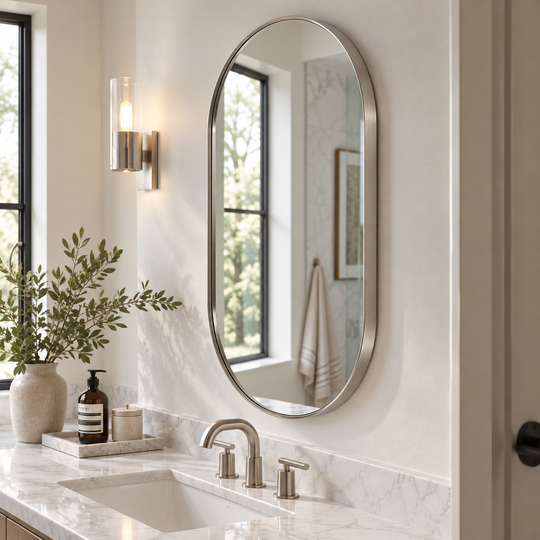 Modern Pill Shaped Capsule Wall Mirrors Long Oval Bathroom Vanity Mirror | Stainless Steel Frame