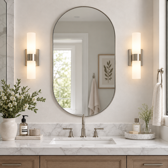 Modern Pill Shaped Capsule Wall Mirrors Long Oval Bathroom Vanity Mirror | Stainless Steel Frame
