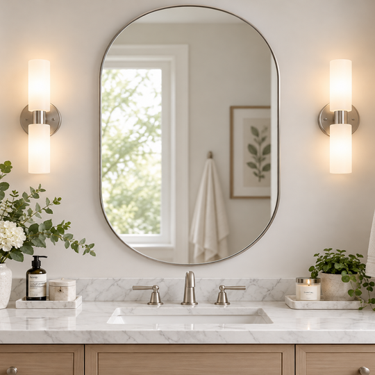 Modern Pill Shaped Capsule Wall Mirrors Long Oval Bathroom Vanity Mirror | Stainless Steel Frame