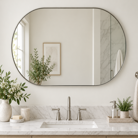 Modern Pill Shaped Capsule Wall Mirrors Long Oval Bathroom Vanity Mirror | Stainless Steel Frame