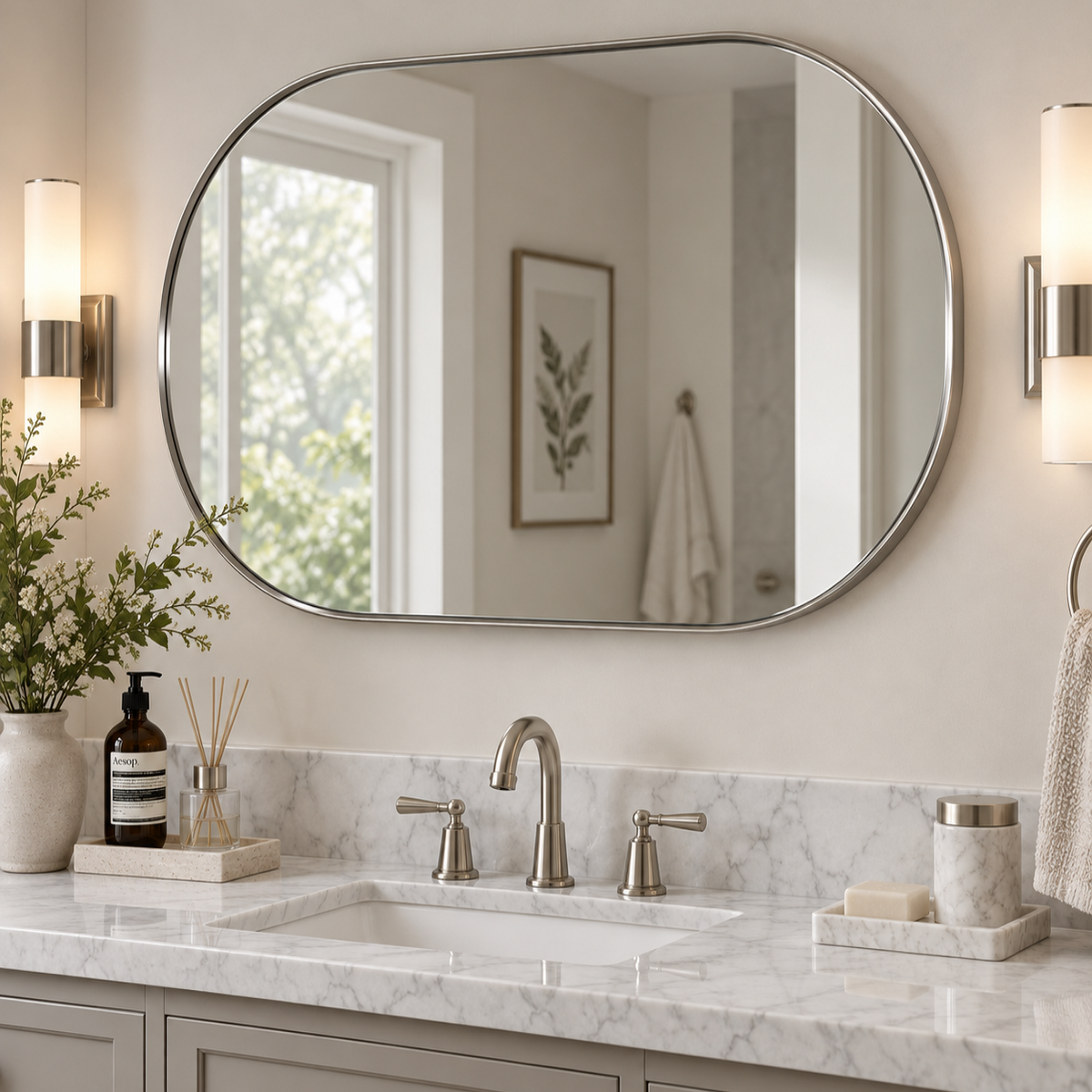 Modern Pill Shaped Capsule Wall Mirrors Long Oval Bathroom Vanity Mirror | Stainless Steel Frame