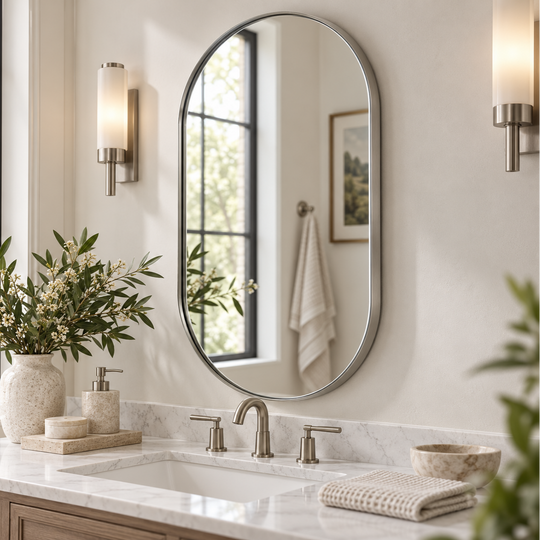 Modern Pill Shaped Capsule Wall Mirrors Long Oval Bathroom Vanity Mirror | Stainless Steel Frame