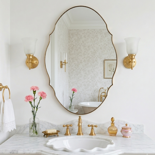 Contemporary Oval Scalloped Wall Mirror Irregular Bathroom Vanity Mirror| Stainless Steel Frame