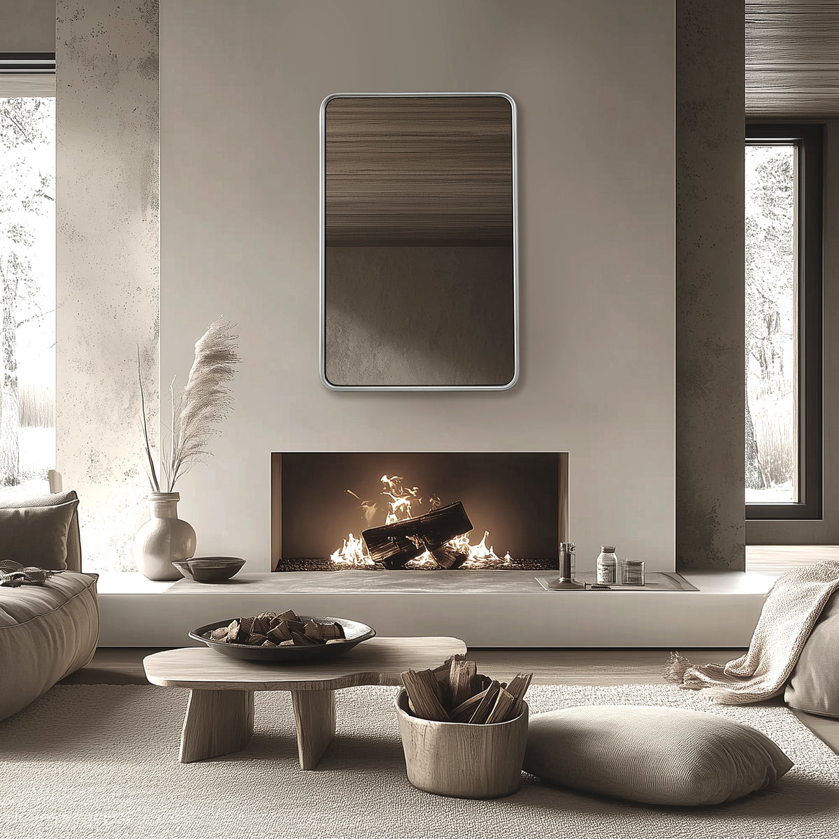 Contemporary Rectangle Bathroom Mirror |Rounded Stainless Steel Framed