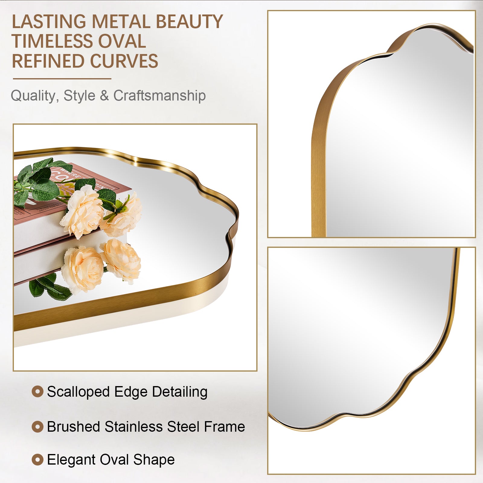 Contemporary Oval Scalloped Bathroom Vanity & Wall Mirror| Stainless Steel Framed