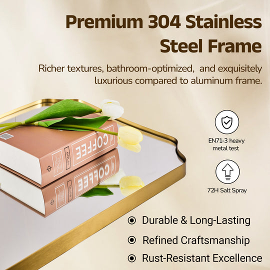 Contemporary Notched Corner Rectangle Scalloped Mirror for Wall /Bathroom | Stainless Steel Frame