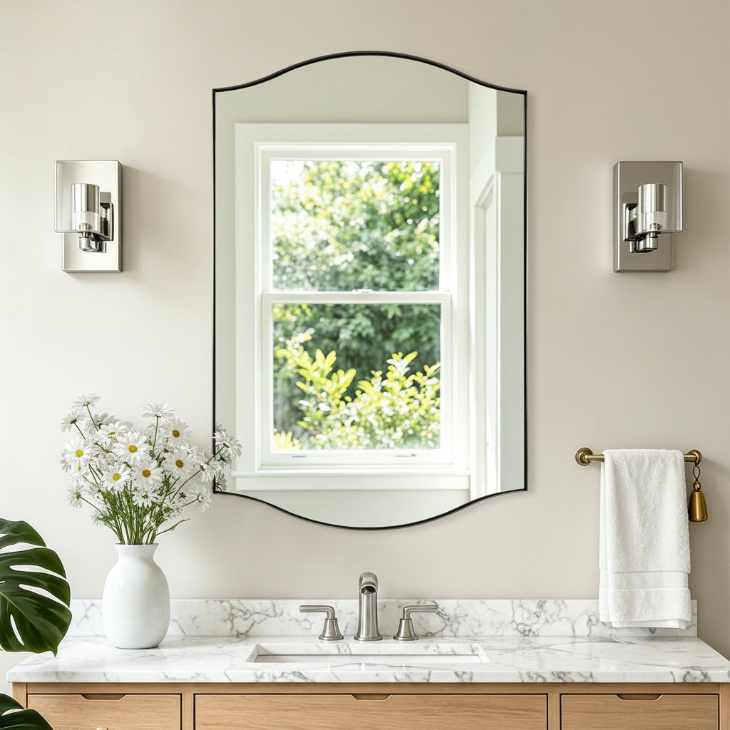 Dual Curve Arch Rectangular Scalloped  Bathroom Wall Mirror |Stainless Steel Framed
